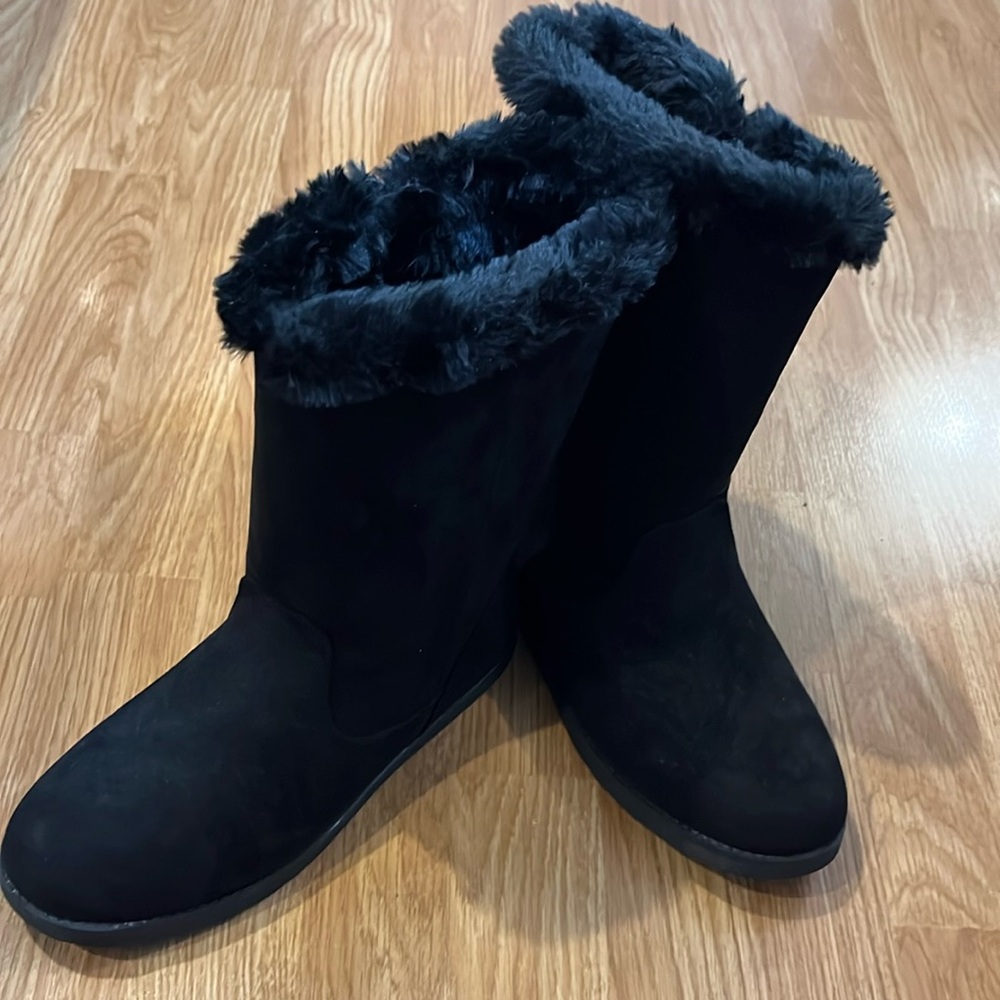 Black suede mid calf boots . Size 5